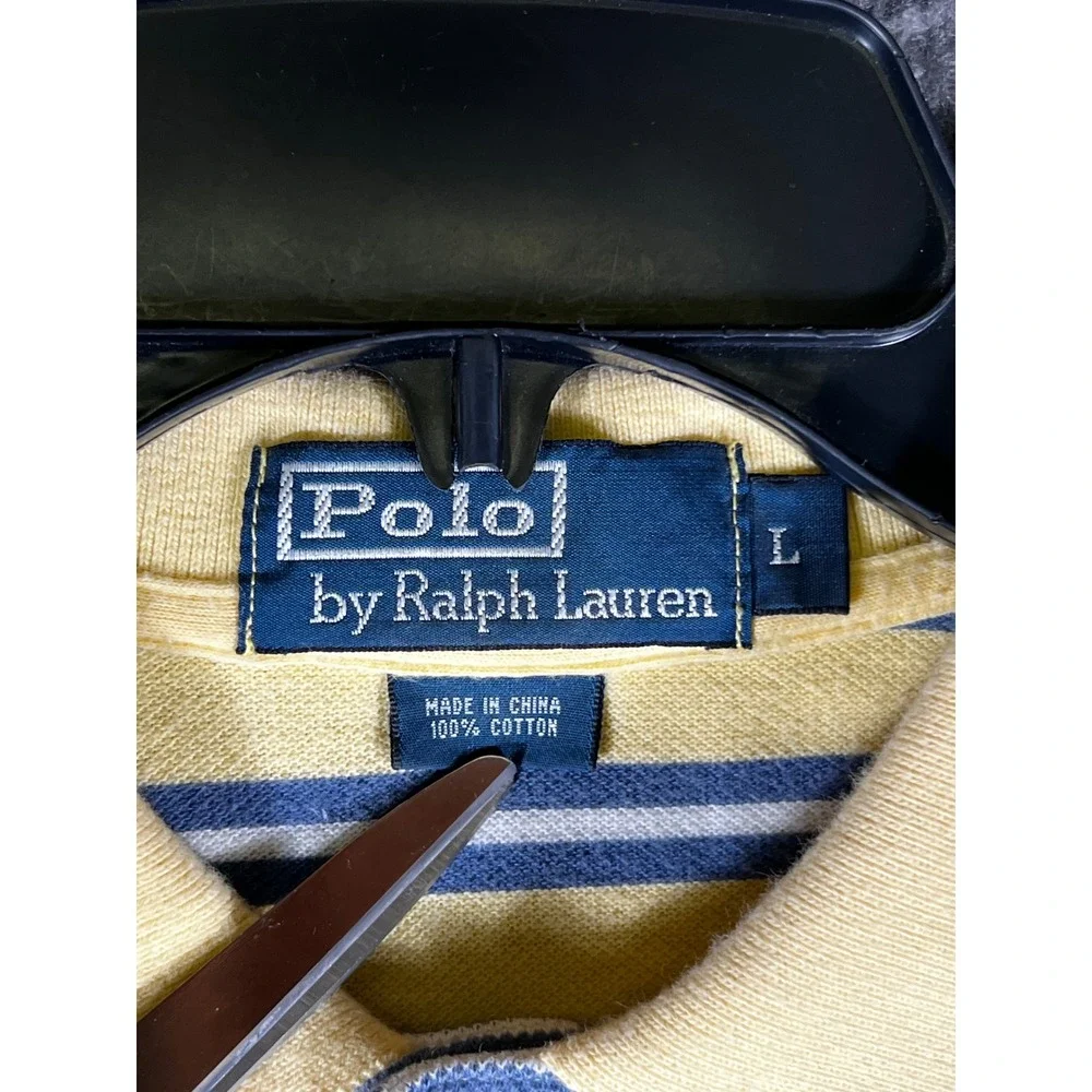 Polo Ralph Lauren Mens Large Yellow Navy Blue Striped Pique Short Sleeve Polo